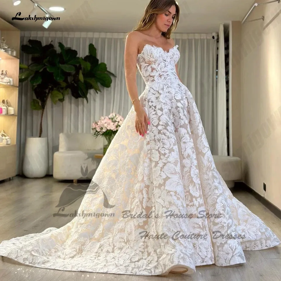 Luxury Lace Boho Wedding Gowns Off The Shoulder Robe Mariee Sparkly Champagne Bridal Dresses