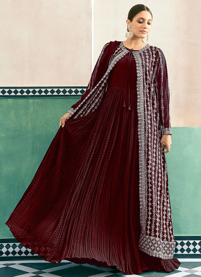 Maroon Embroidery Jacket Style Anarkali Dress