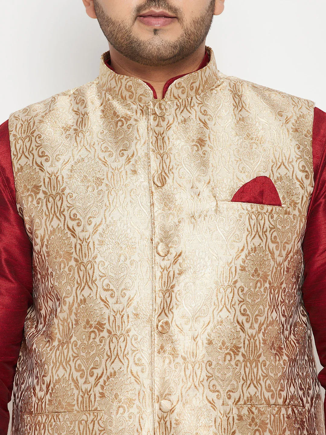 Men's Plus Maroon, Rose Gold And White Silk Blend Jacket Kurta Pyjama Set - Vastramay