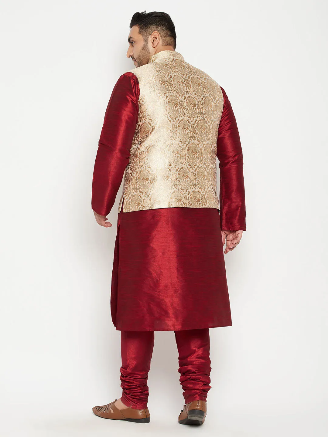 Men's Plus Maroon, Rose Gold And White Silk Blend Jacket Kurta Pyjama Set - Vastramay