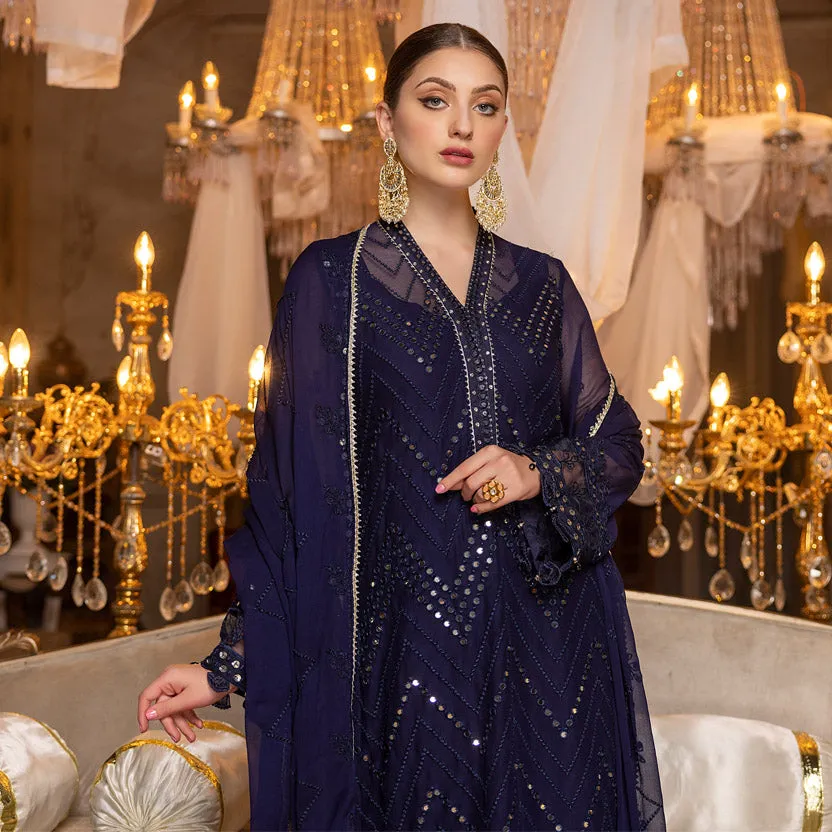 Merakish Luxury Embroidered Chiffon Collection – Navy Blue