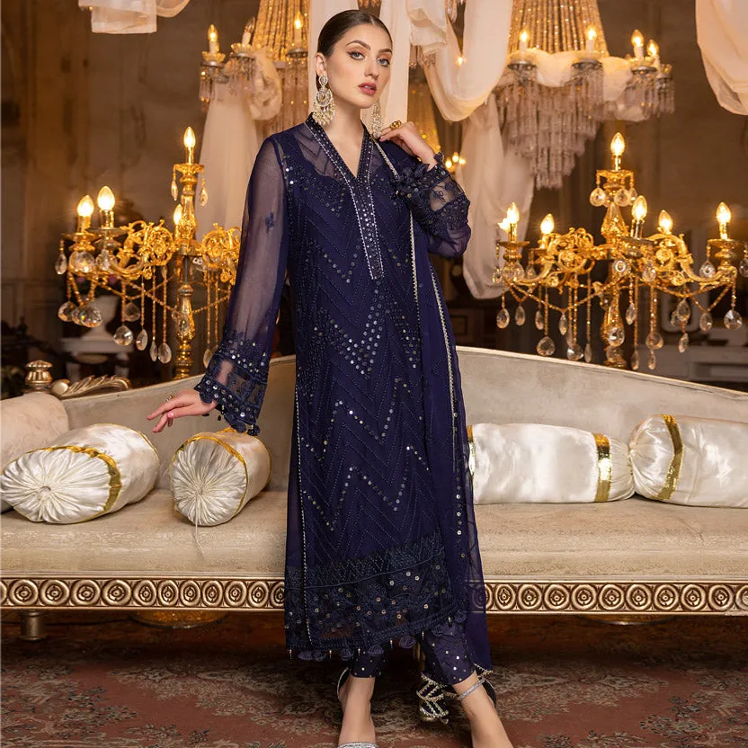 Merakish Luxury Embroidered Chiffon Collection – Navy Blue