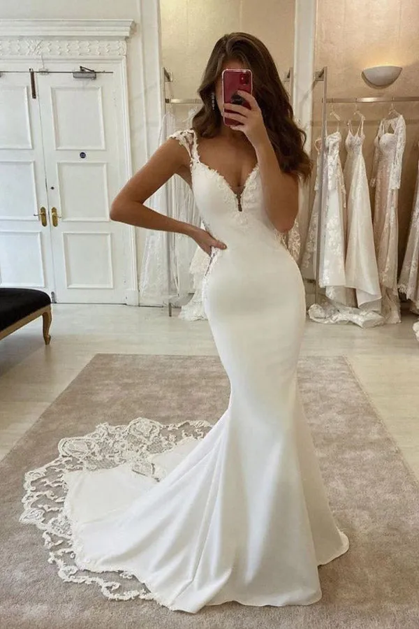 Mermaid Cap Sleeve Satin Wedding Dress With Lace