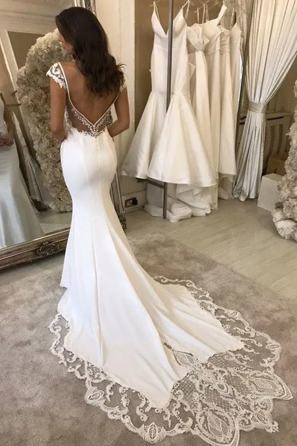 Mermaid Cap Sleeve Satin Wedding Dress With Lace