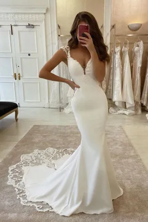 Mermaid Cap Sleeve Satin Wedding Dress With Lace