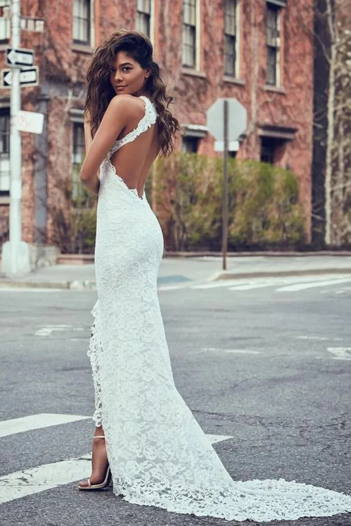 Mermaid Halter Open Back Beach Wedding Dress