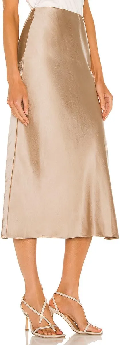 Midi Silk Skirt Women's Spring Summer Satin High Waist Side Split Ruffle A-line Long Skirts