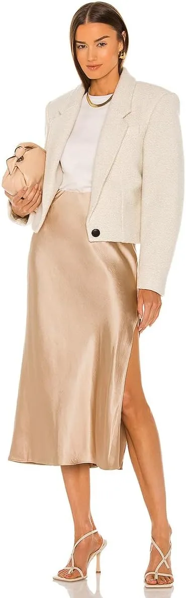 Midi Silk Skirt Women's Spring Summer Satin High Waist Side Split Ruffle A-line Long Skirts
