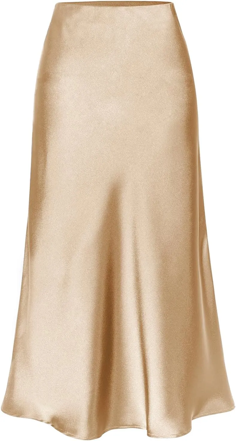 Midi Silk Skirt Women's Spring Summer Satin High Waist Side Split Ruffle A-line Long Skirts