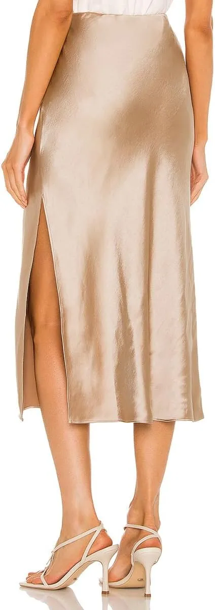 Midi Silk Skirt Women's Spring Summer Satin High Waist Side Split Ruffle A-line Long Skirts