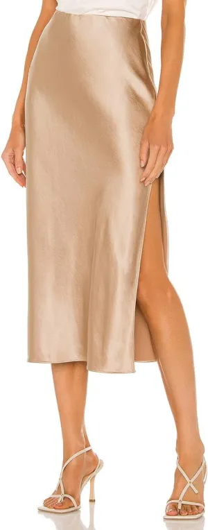 Midi Silk Skirt Women's Spring Summer Satin High Waist Side Split Ruffle A-line Long Skirts