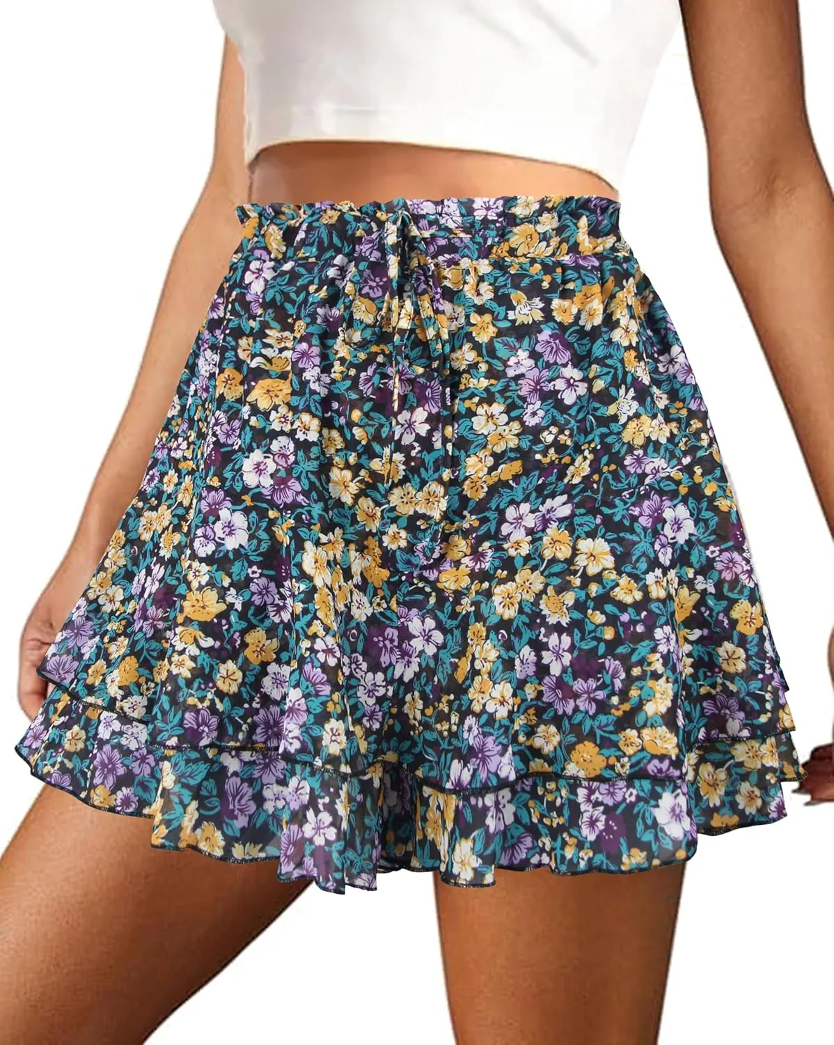 Mini Skirts for Women 2025 Casual Boho Floral Skorts Layered Hem A-Line Tennis Chiffon Shorts