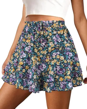 Mini Skirts for Women 2025 Casual Boho Floral Skorts Layered Hem A-Line Tennis Chiffon Shorts