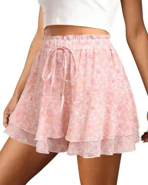 Mini Skirts for Women 2025 Casual Boho Floral Skorts Layered Hem A-Line Tennis Chiffon Shorts
