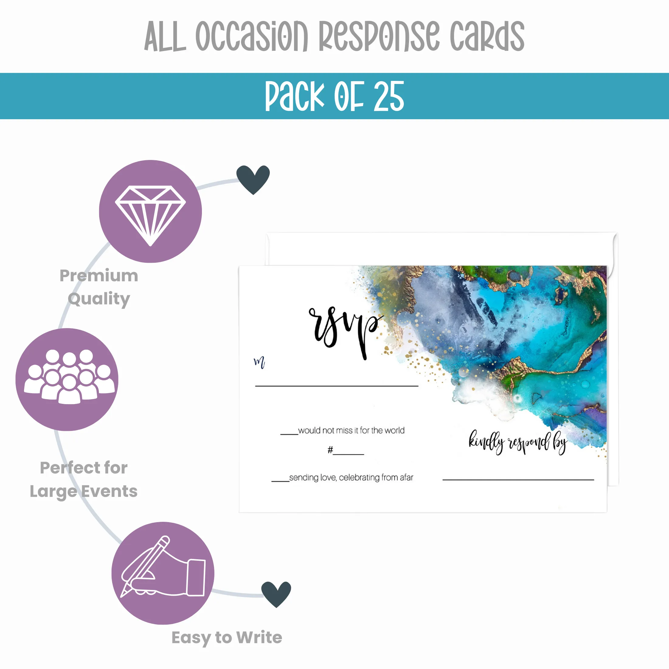 Modern Teal & Purple Watercolor RSVP Cards - Chic Wedding Response Set, 3.5x5, Envelopes Included, 25 Pack