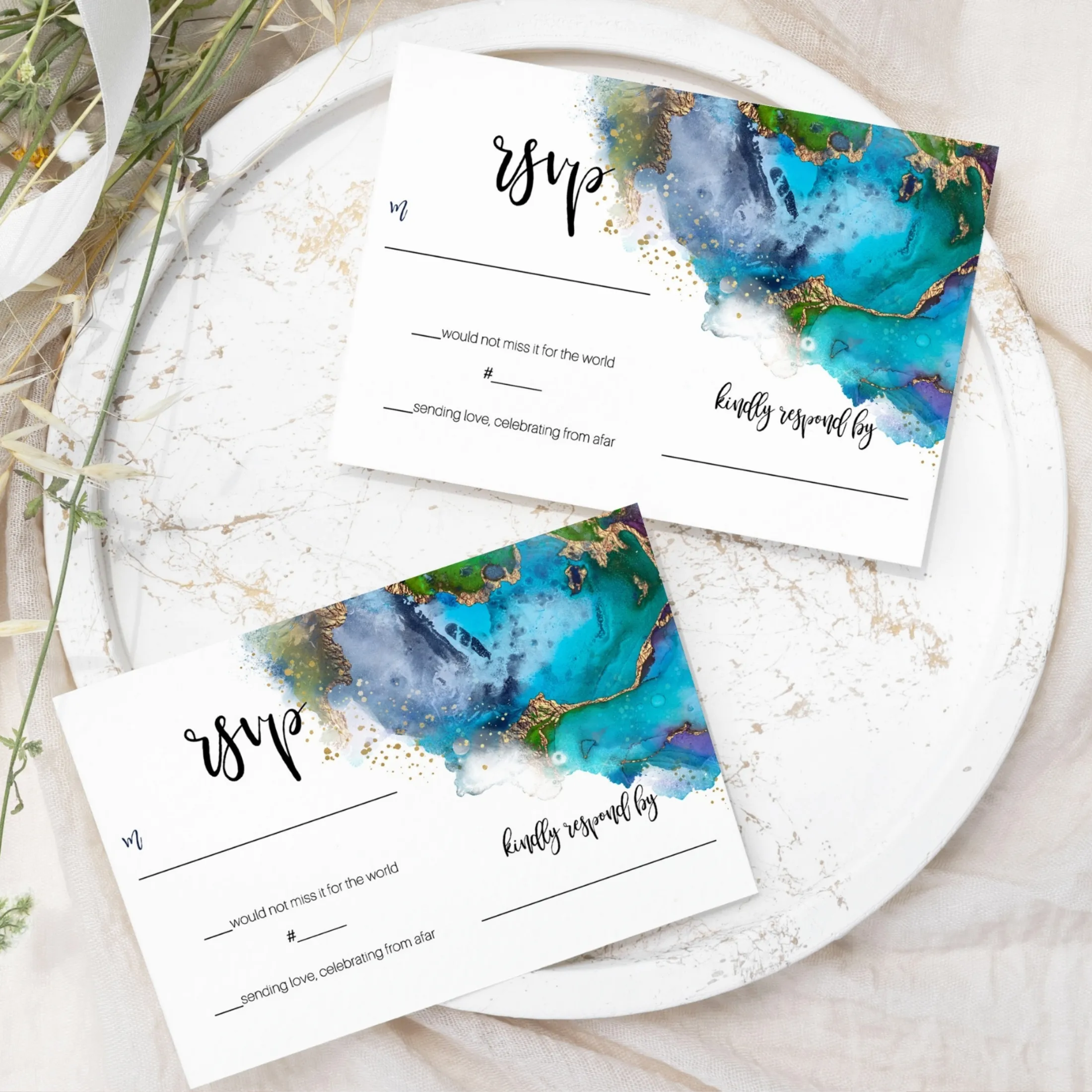 Modern Teal & Purple Watercolor RSVP Cards - Chic Wedding Response Set, 3.5x5, Envelopes Included, 25 Pack