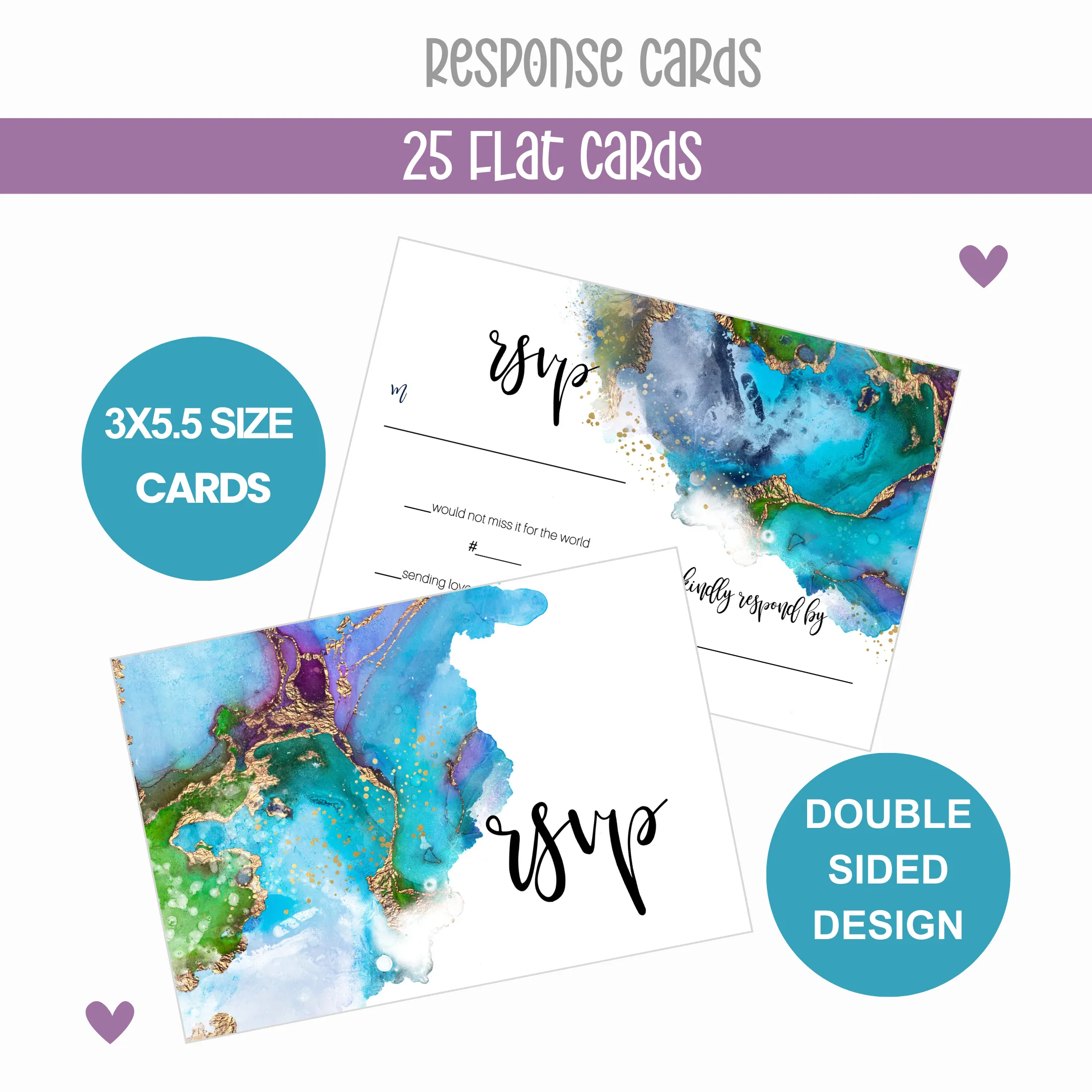 Modern Teal & Purple Watercolor RSVP Cards - Chic Wedding Response Set, 3.5x5, Envelopes Included, 25 Pack