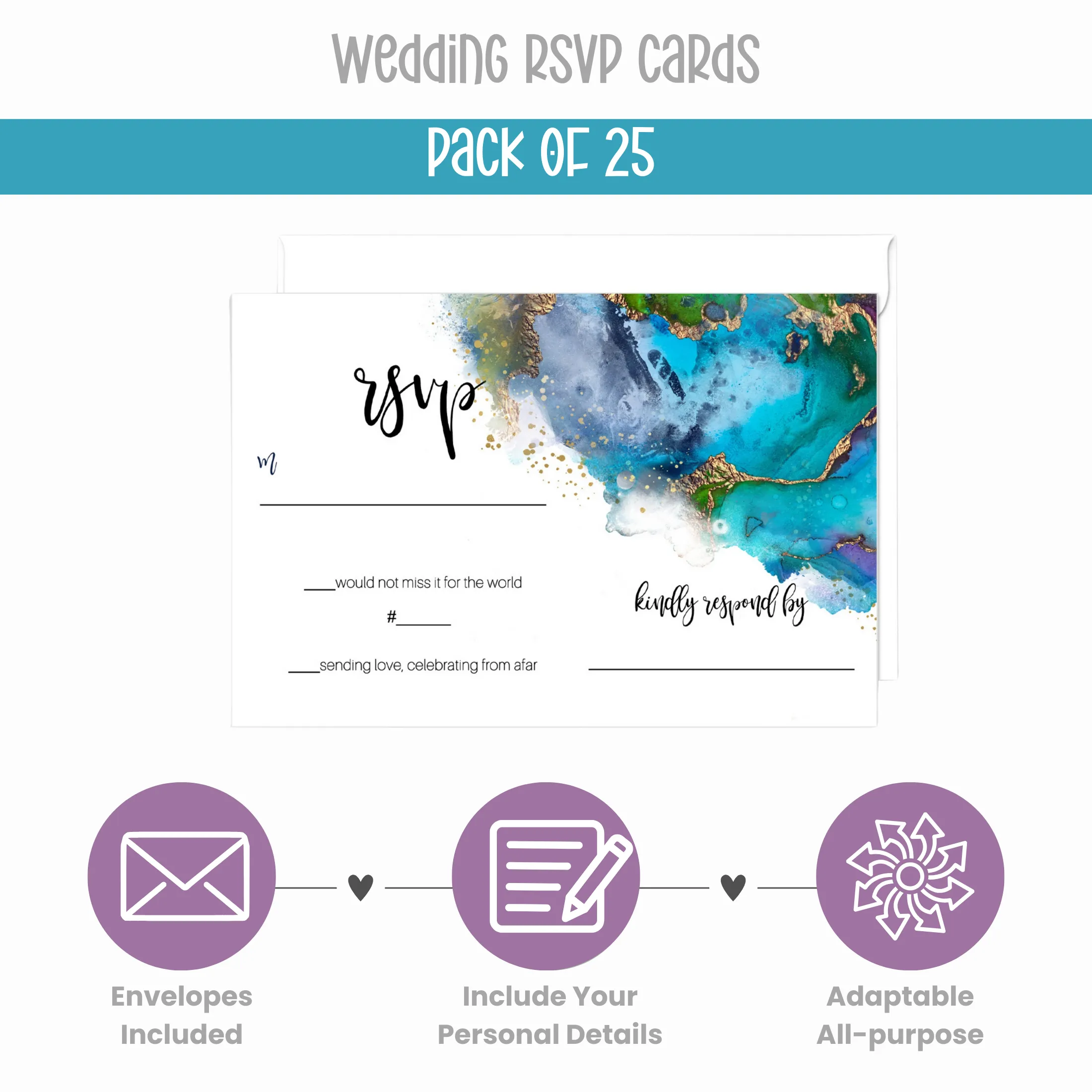 Modern Teal & Purple Watercolor RSVP Cards - Chic Wedding Response Set, 3.5x5, Envelopes Included, 25 Pack