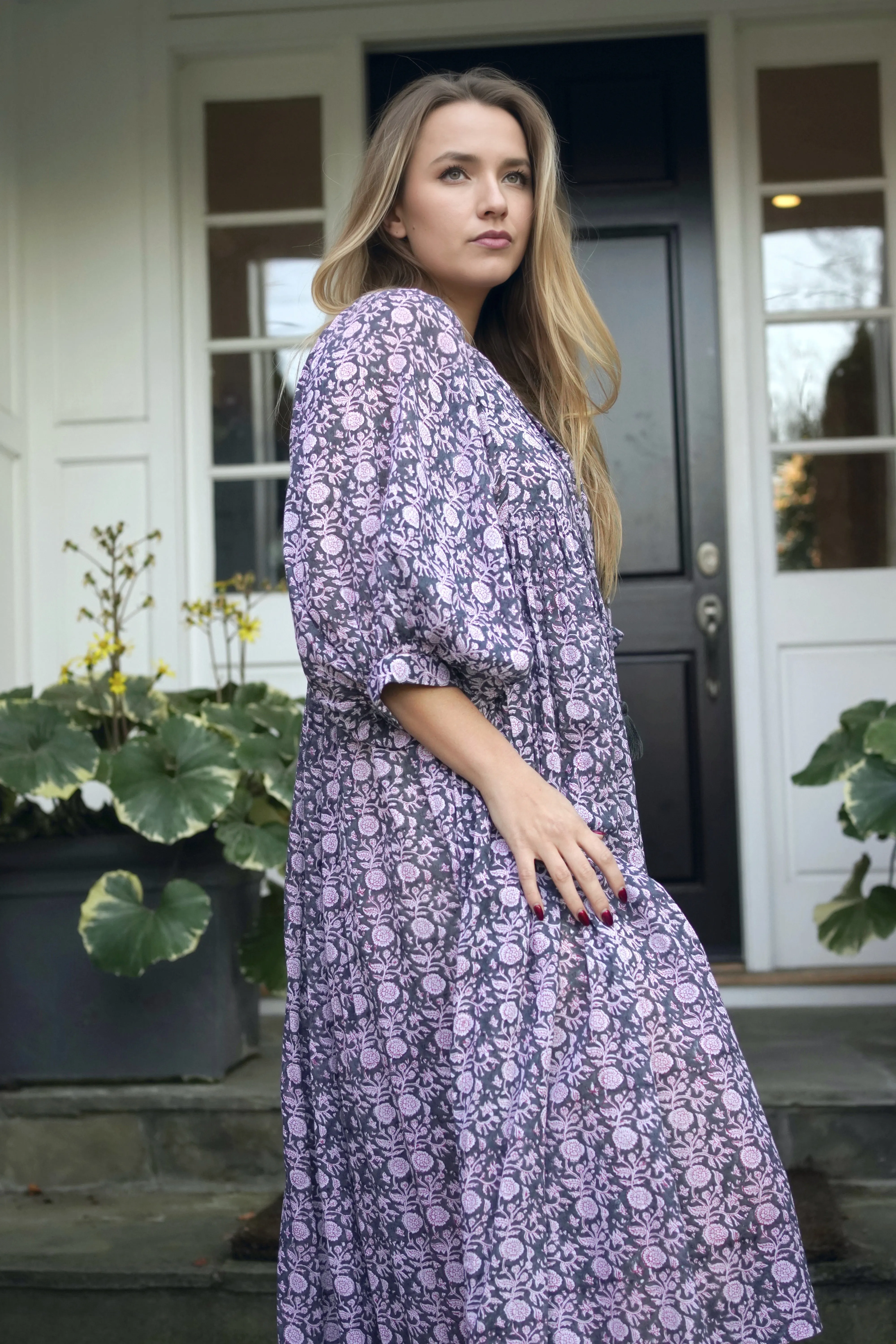 Mylah Midi Dress Dk Purple Grey (Olive) Block Printed