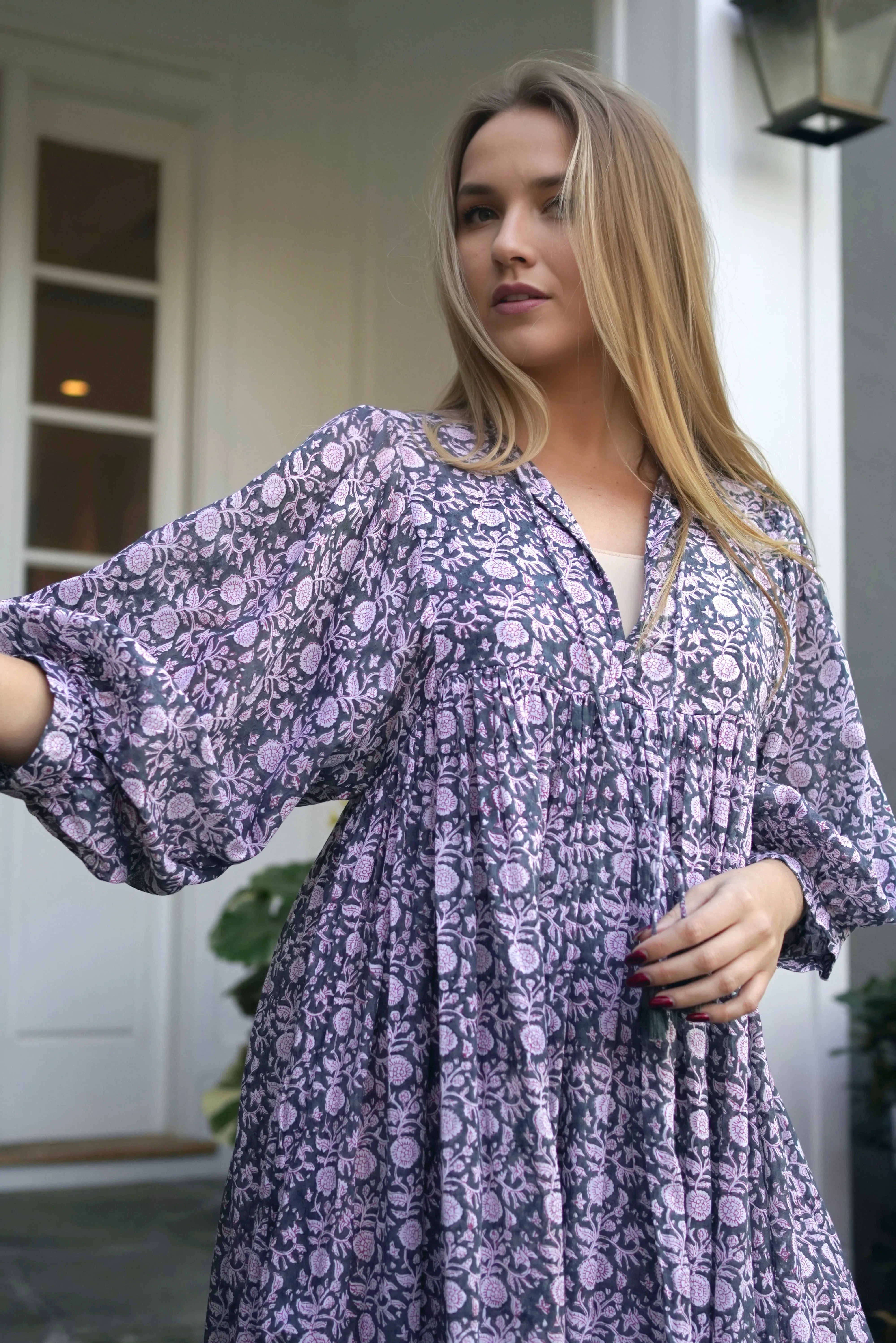 Mylah Midi Dress Dk Purple Grey (Olive) Block Printed