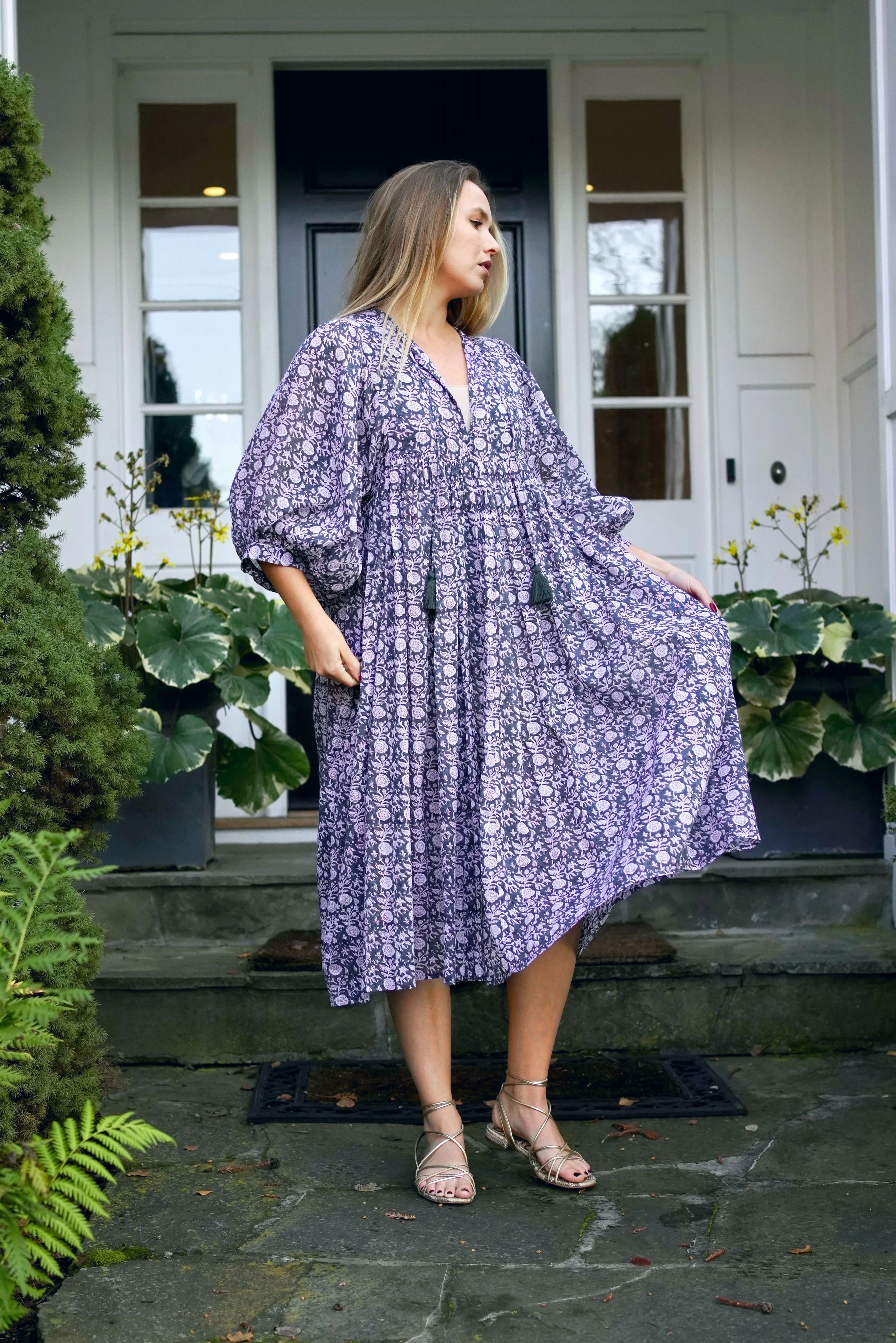 Mylah Midi Dress Dk Purple Grey (Olive) Block Printed