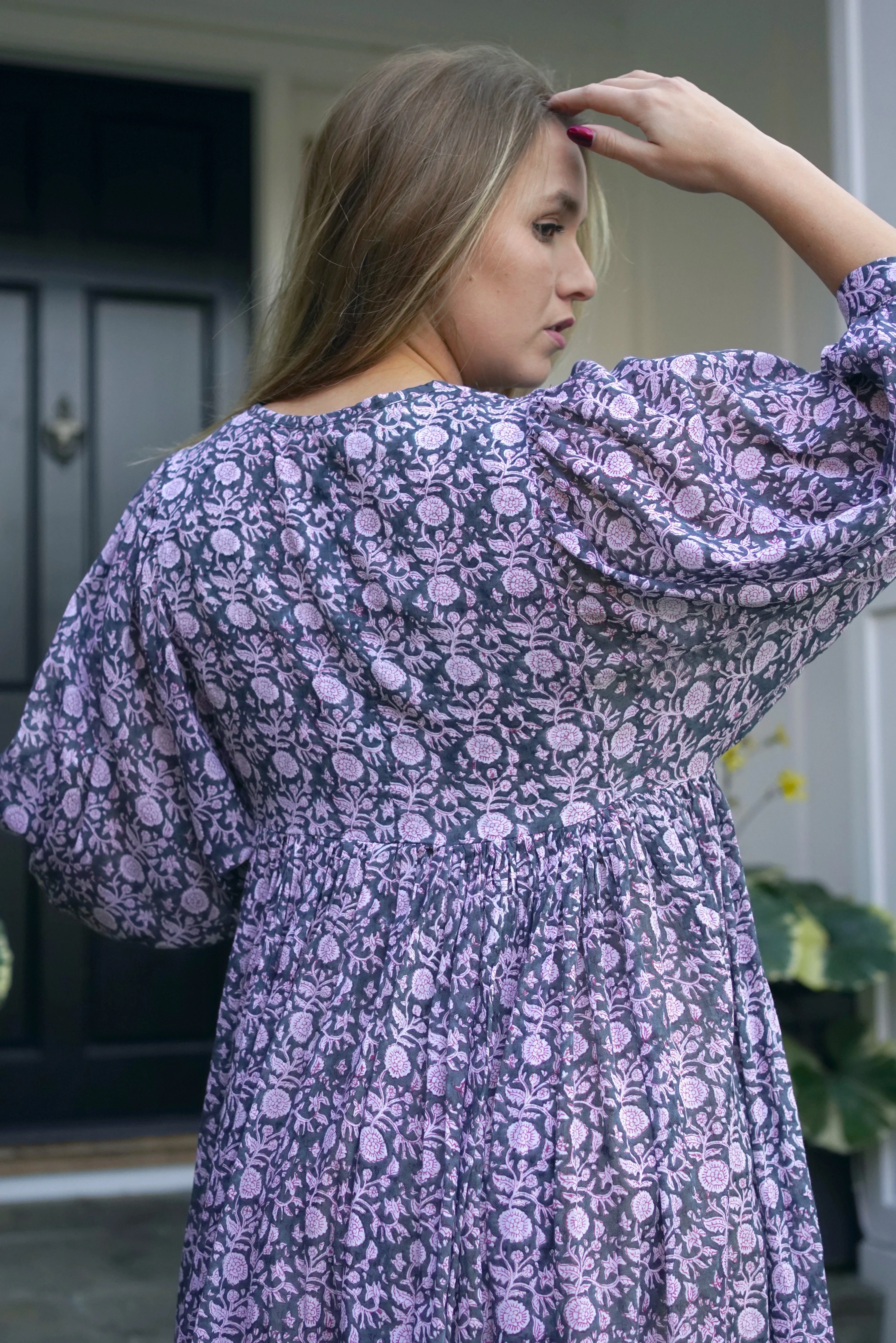 Mylah Midi Dress Dk Purple Grey (Olive) Block Printed