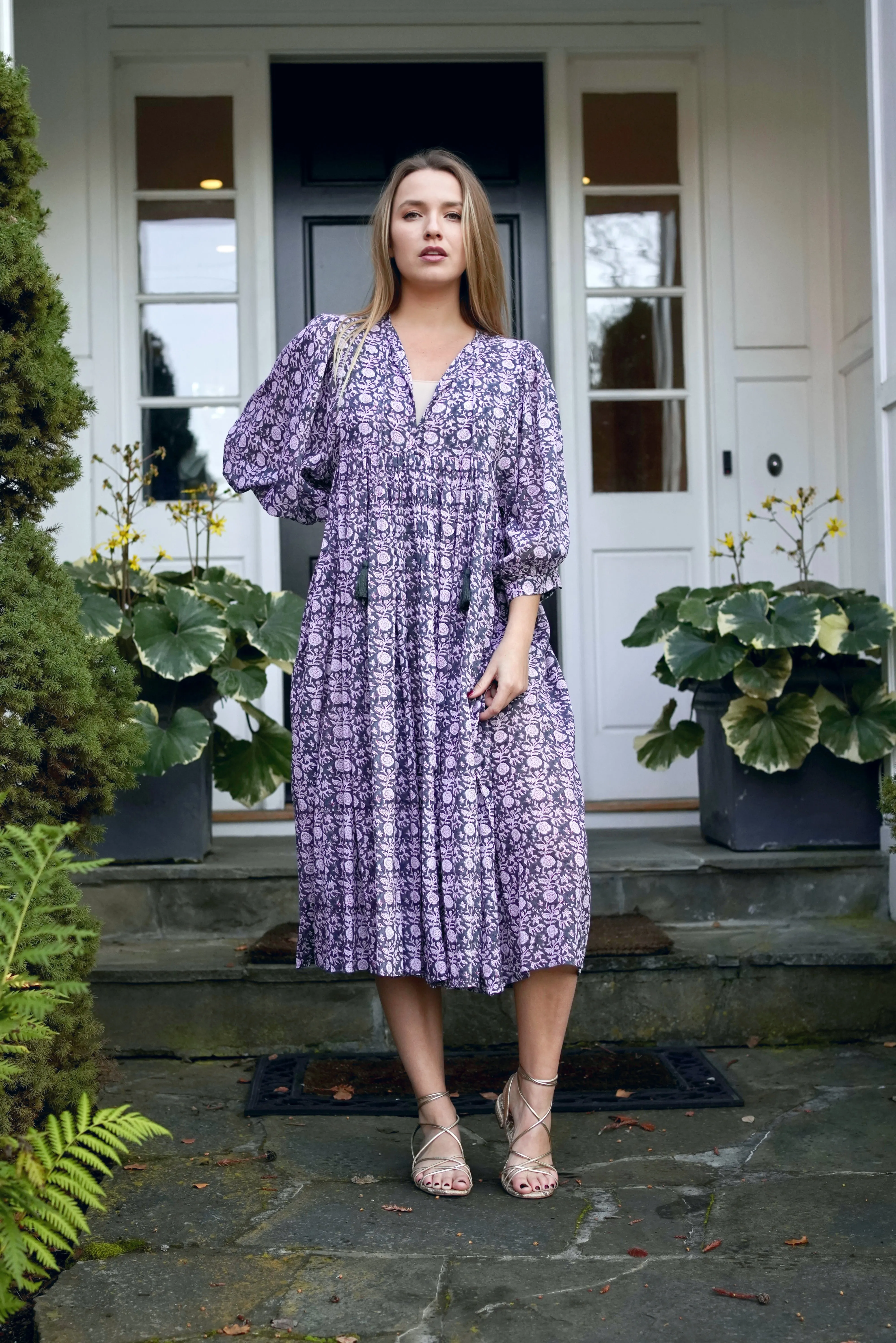 Mylah Midi Dress Dk Purple Grey (Olive) Block Printed