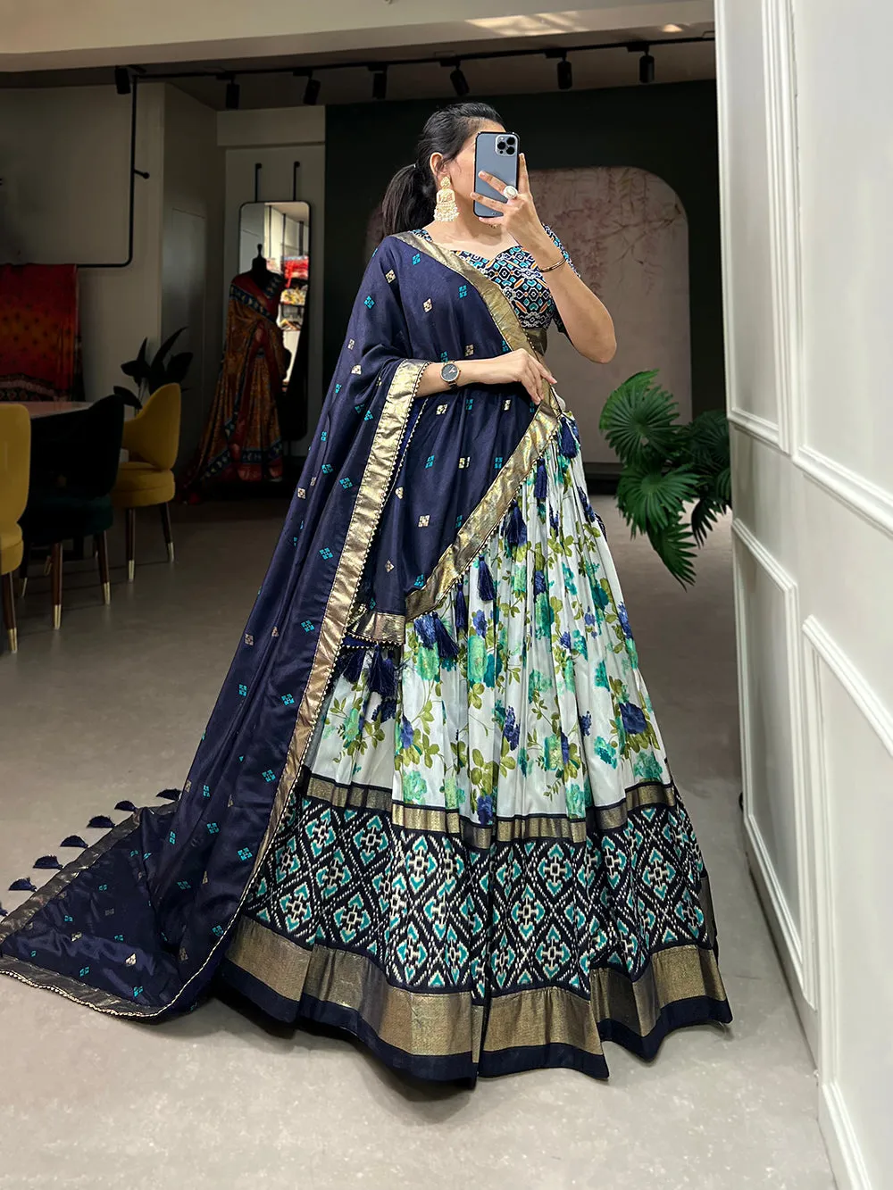 Navy Blue Color Floral And Patola Printed With Foil Work Tussar Silk Traditional Lehenga Choli