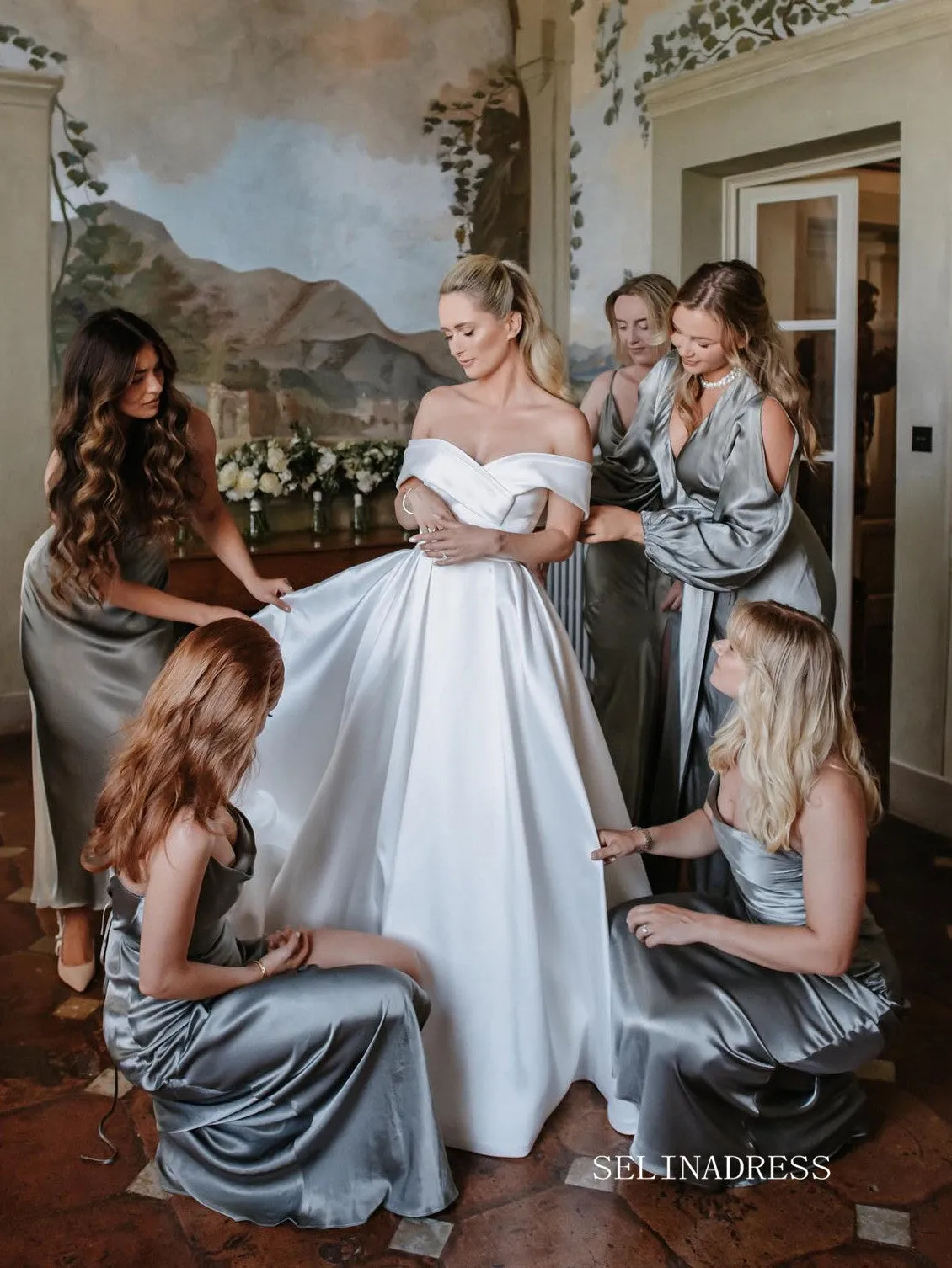 Off-the-shoulder A-line White Satin Wedding Dresses LKO005