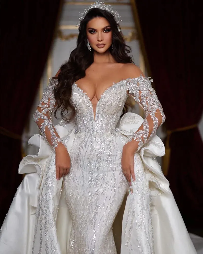 Off The Shoulder Long Sleeve Shiny Beading Crystal Mermaid Wedding Dress