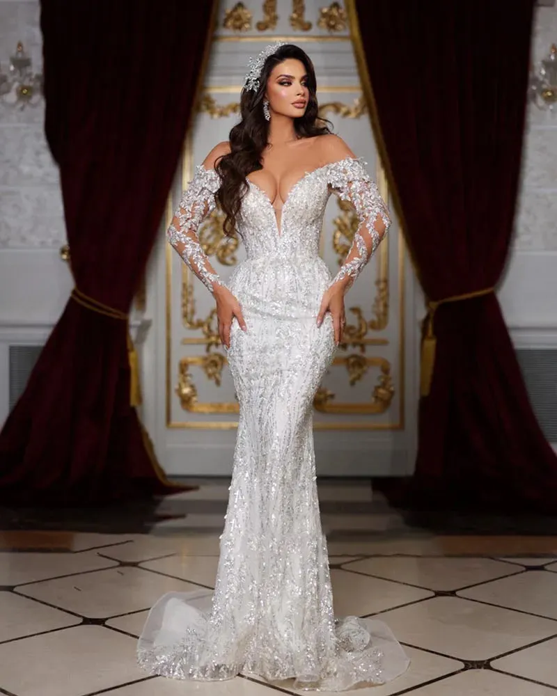 Off The Shoulder Long Sleeve Shiny Beading Crystal Mermaid Wedding Dress
