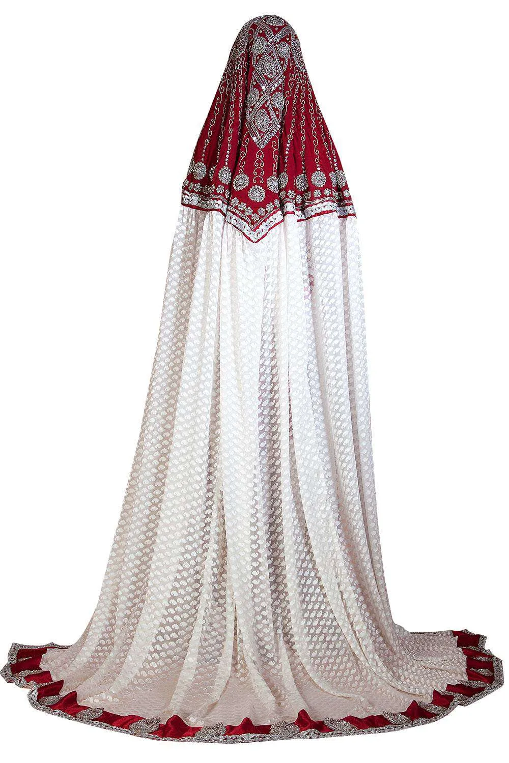 Off White and Maroon Color Embroidered & Handmade Wedding Dress Long Sleeve Moroccan Kaftan
