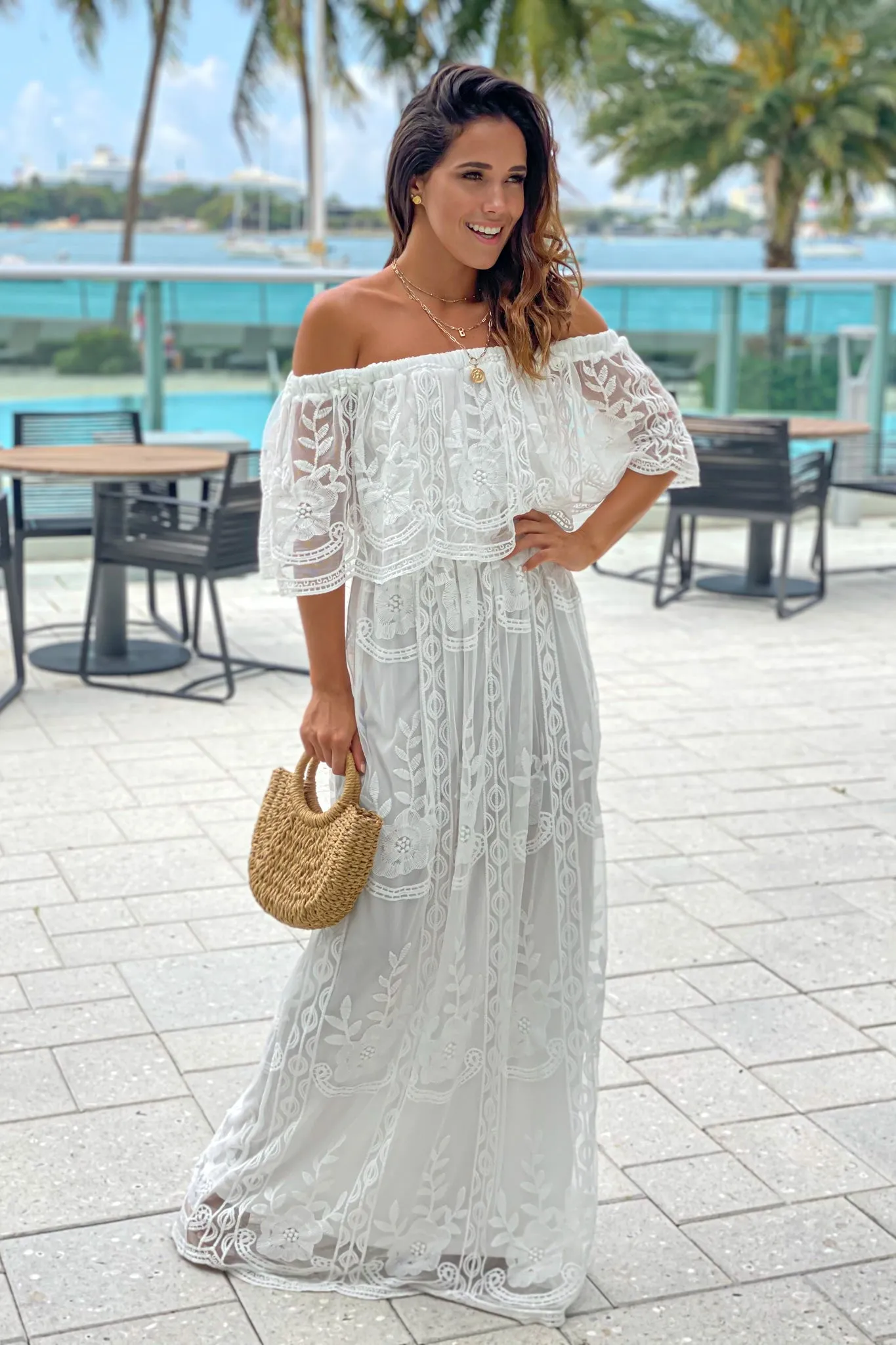 Off White Lace Off Shoulder Maxi Dress