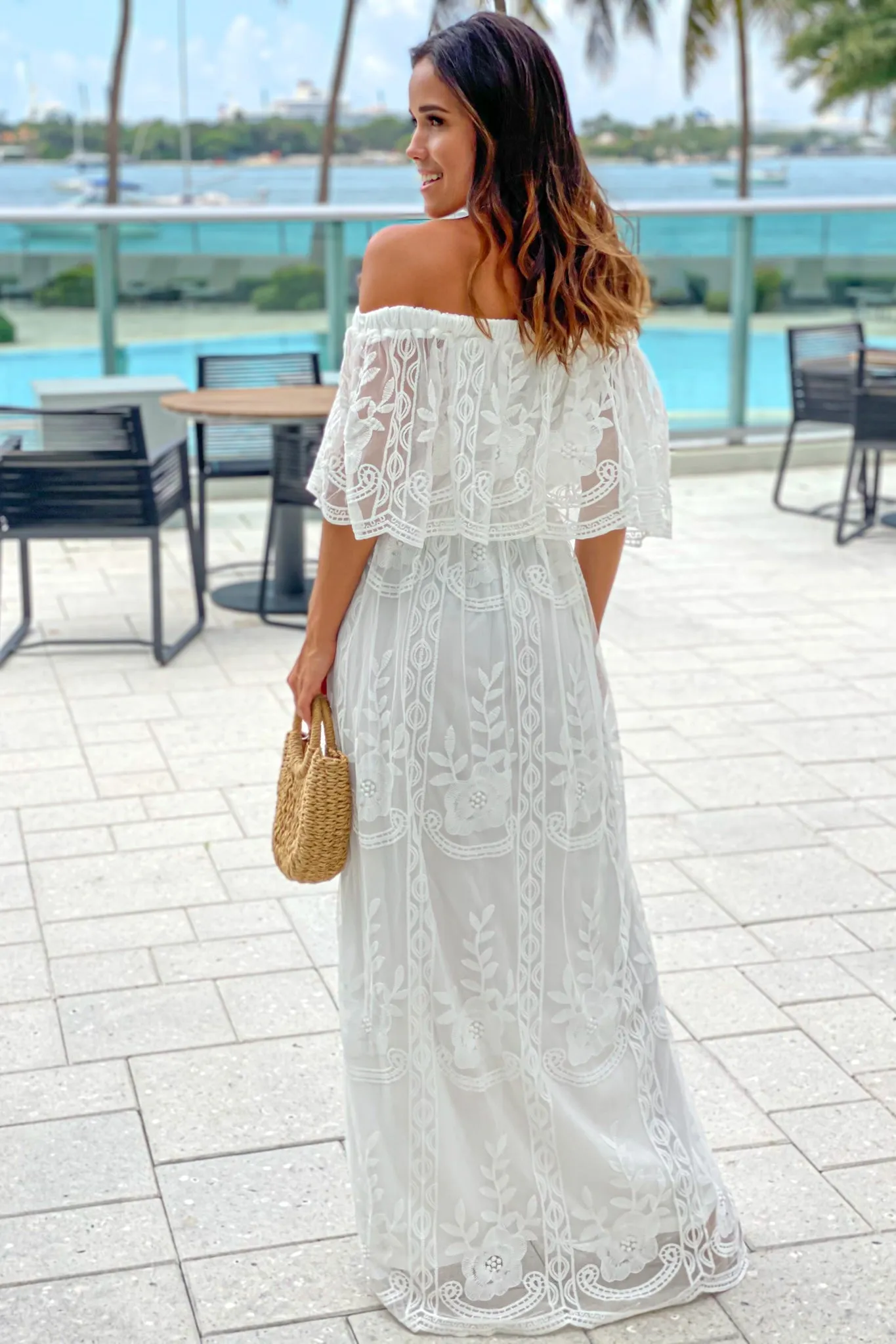 Off White Lace Off Shoulder Maxi Dress