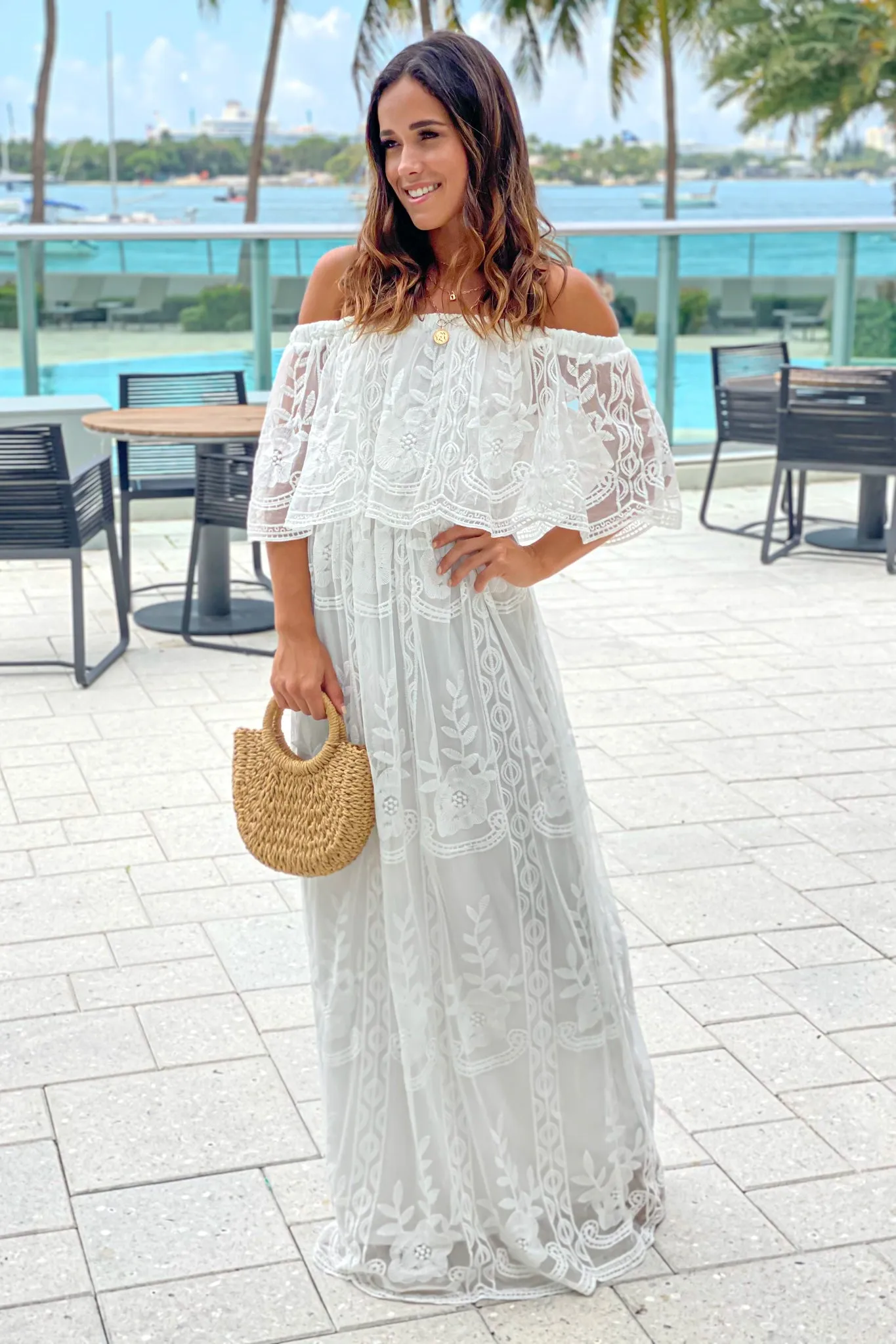 Off White Lace Off Shoulder Maxi Dress