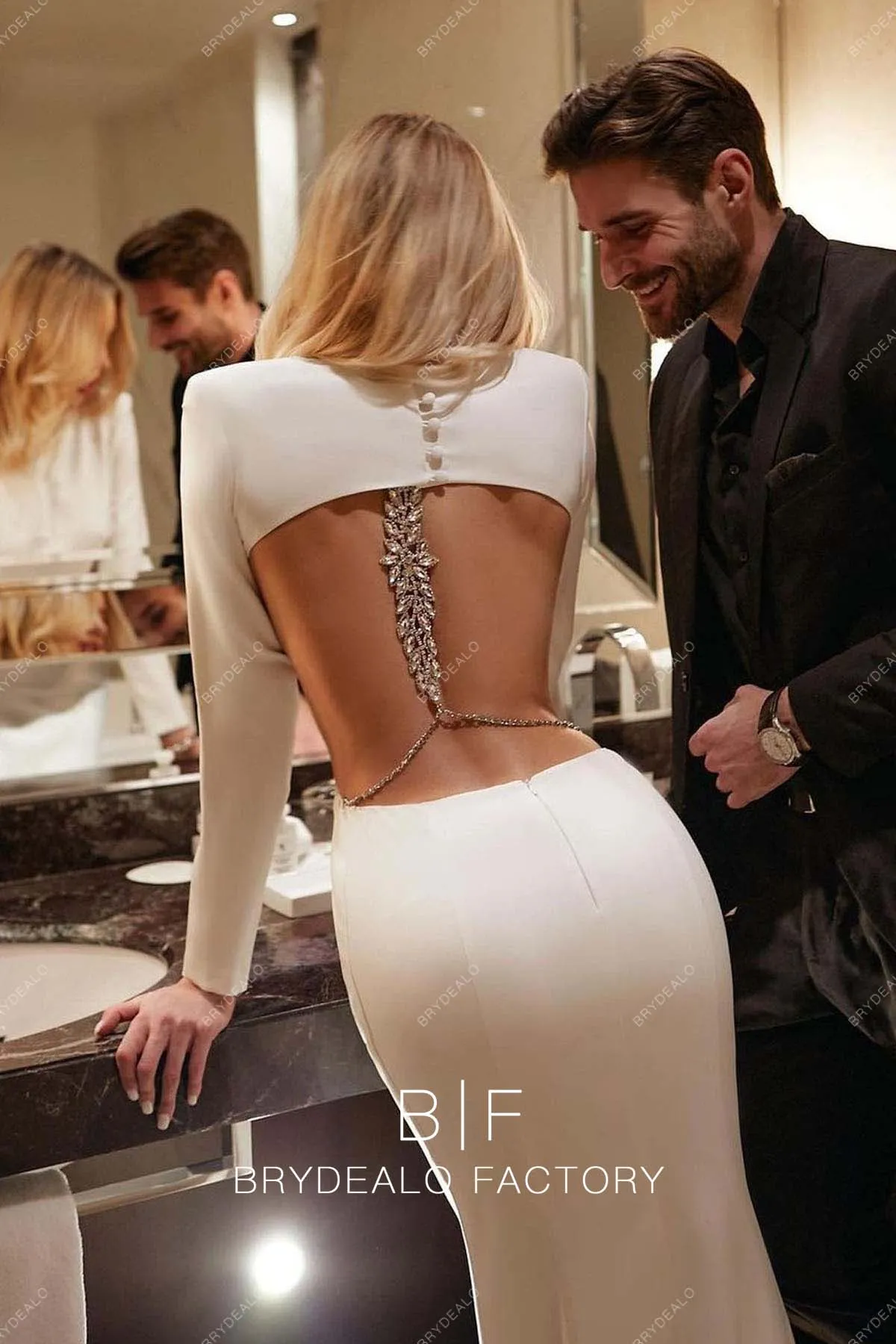 Open Back Long Sleeves Elegant Custom Mermaid Wedding Dress