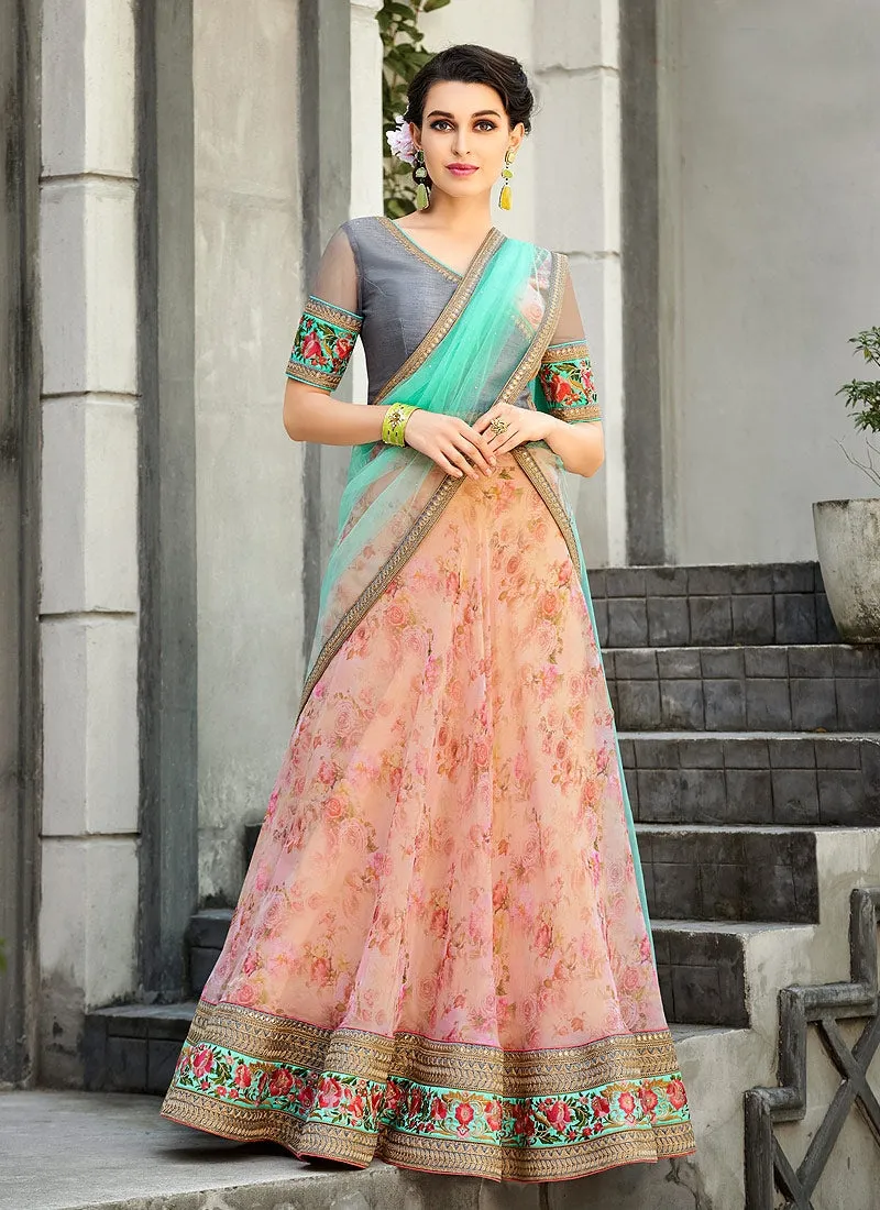 Peach And Grey Embroidered Lehenga Choli Suit