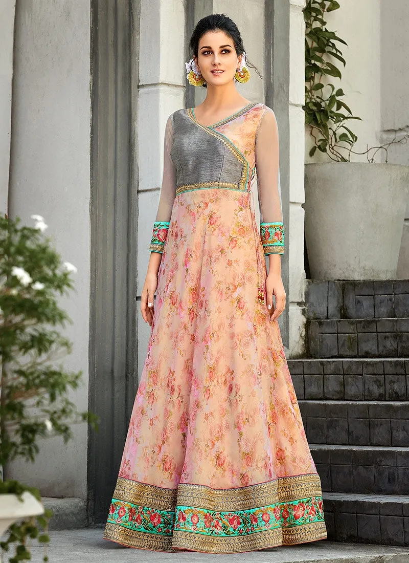 Peach And Grey Embroidered Lehenga Choli Suit