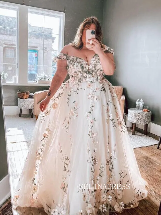 Plus Size Floral Embroidery A Line Wedding Dresses Off The Shoulder Bridal Gowns XSP002