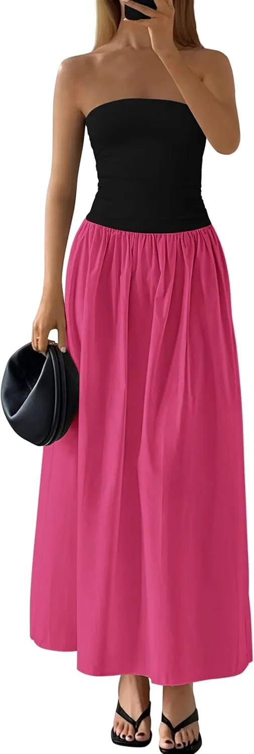 PRETTYGARDEN Women 2025 Summer Elegant Strapless Maxi Dress Tube Top Dress A Line Flowy Long Wedding Party Cocktail Dresses