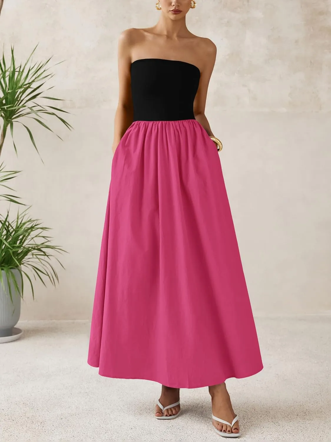 PRETTYGARDEN Women 2025 Summer Elegant Strapless Maxi Dress Tube Top Dress A Line Flowy Long Wedding Party Cocktail Dresses