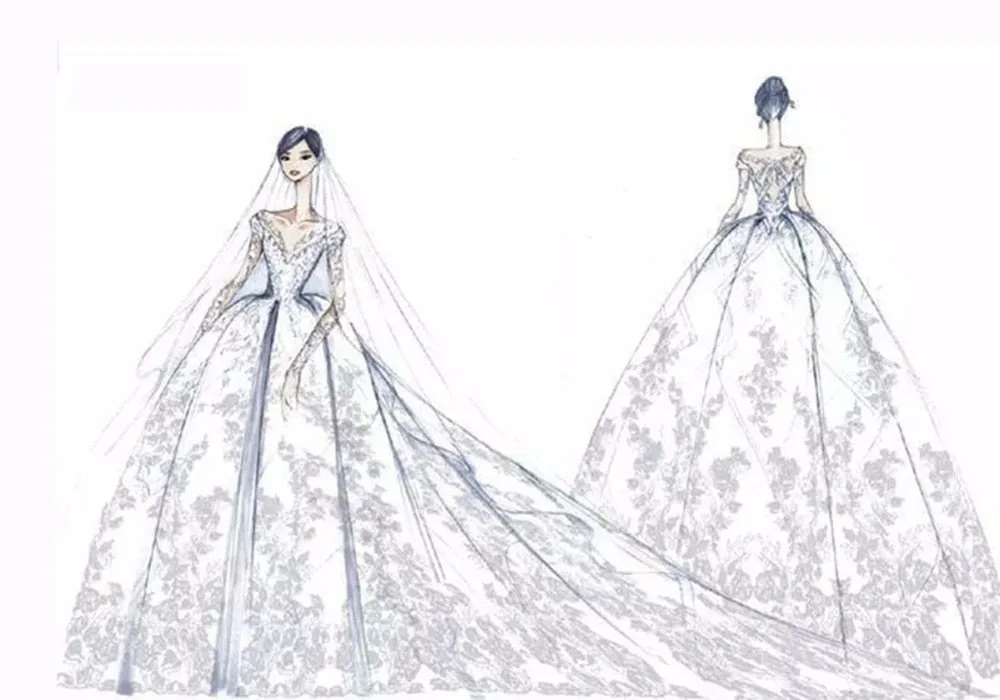 Princess Ball Gown Lace Appliques Long Sleeves Wedding Gowns Plus Size Robe Wedding Dress