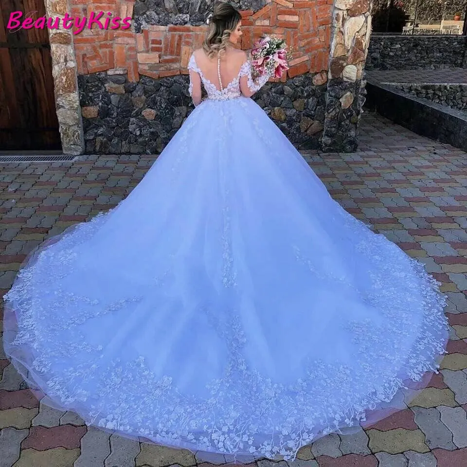 Princess Ball Gown Lace Appliques Long Sleeves Wedding Gowns Plus Size Robe Wedding Dress