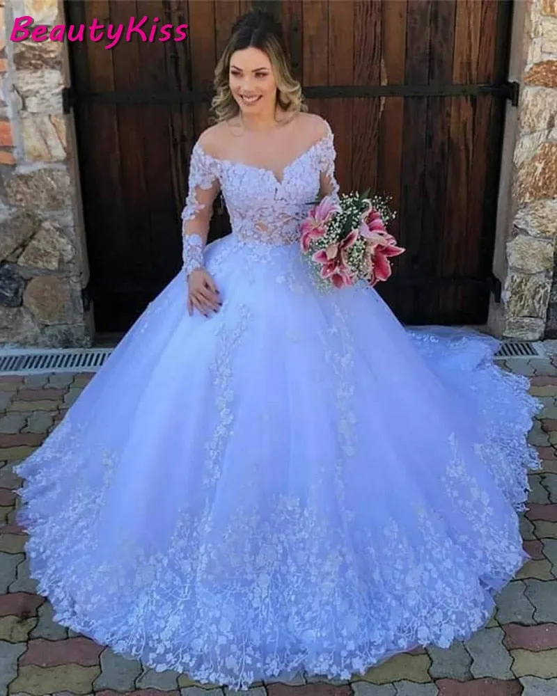 Princess Ball Gown Lace Appliques Long Sleeves Wedding Gowns Plus Size Robe Wedding Dress