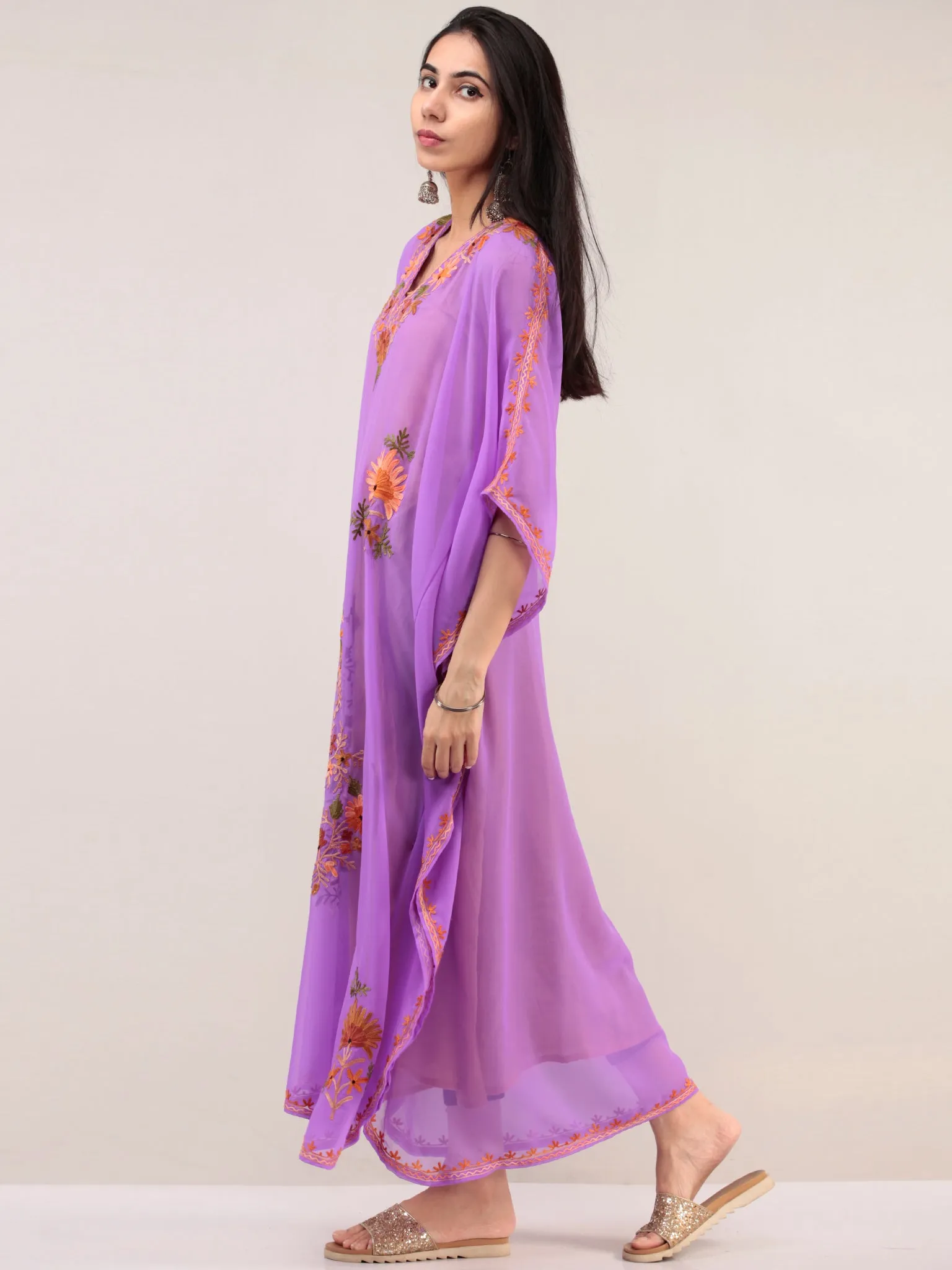 Purple Aari Embroidered Kashmere Free Size Georgette Kaftan  - K12K072
