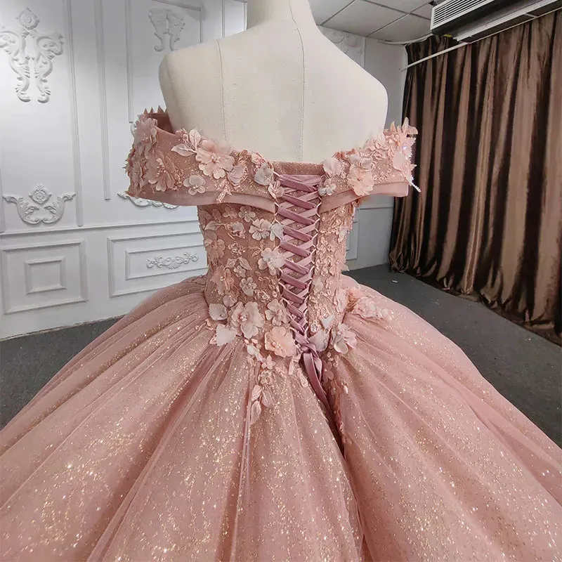 Quinceanera Pink Flower Ball Gown Dress