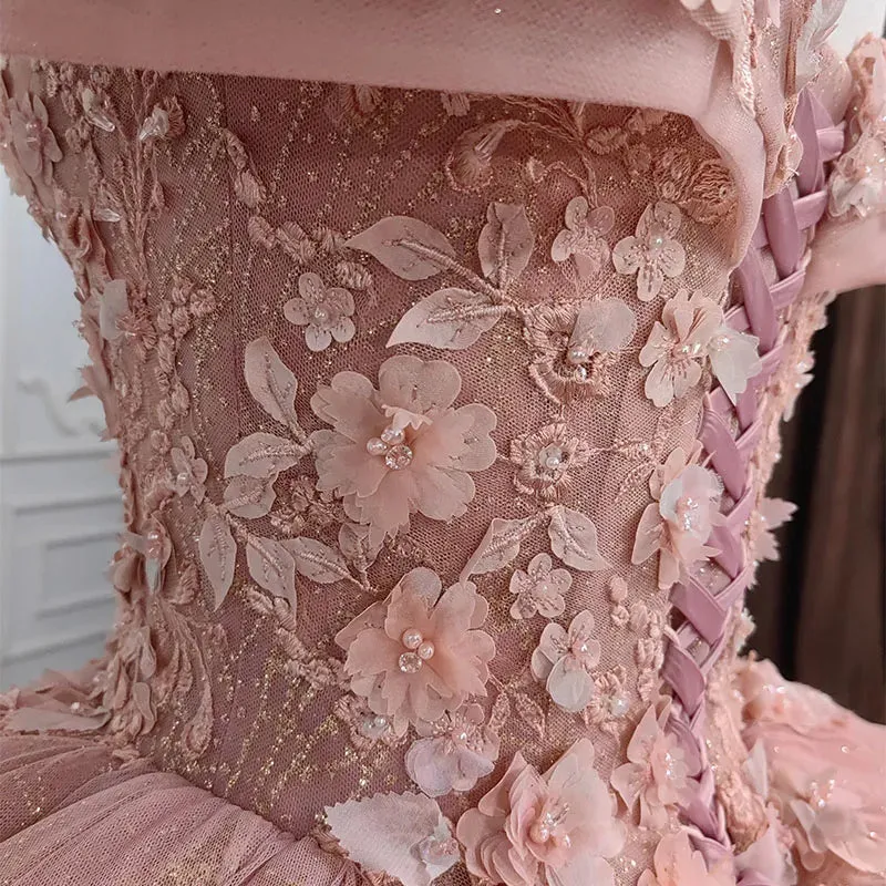 Quinceanera Pink Flower Ball Gown Dress