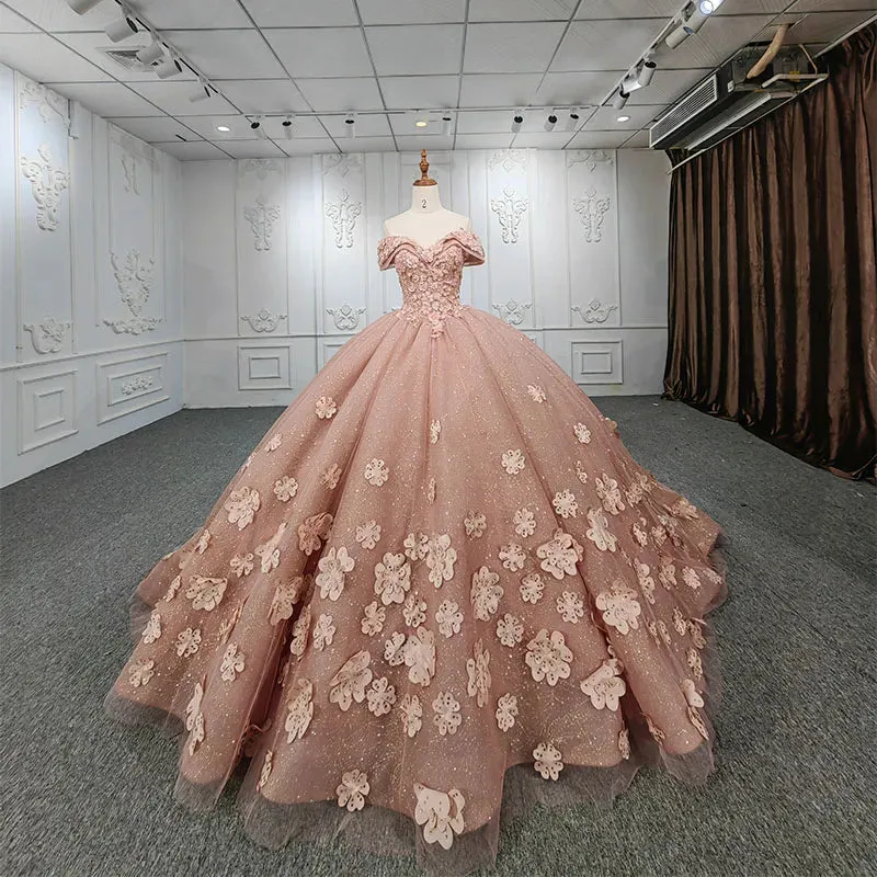 Quinceanera Pink Flower Ball Gown Dress