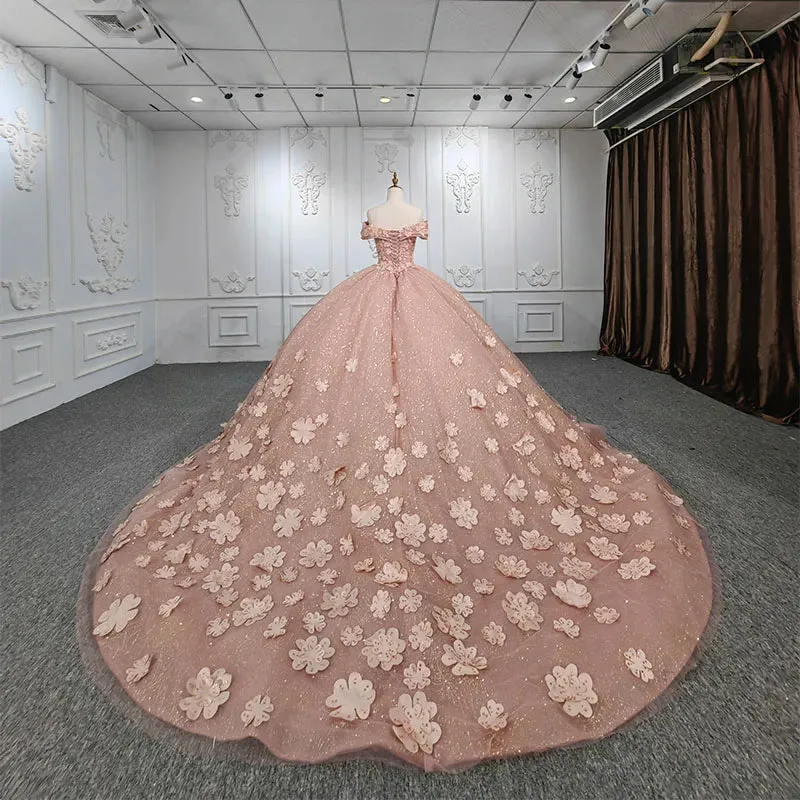 Quinceanera Pink Flower Ball Gown Dress