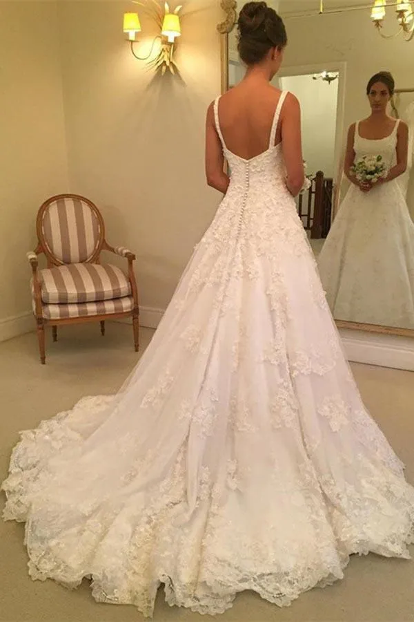 Scoop Neck White Lace Wedding Dress Backless Bridal Gown